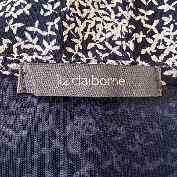 Liz Claiborne Navy Leaf Print Midi Dress Medium Stretch V-Neck - Picture 6 of 8